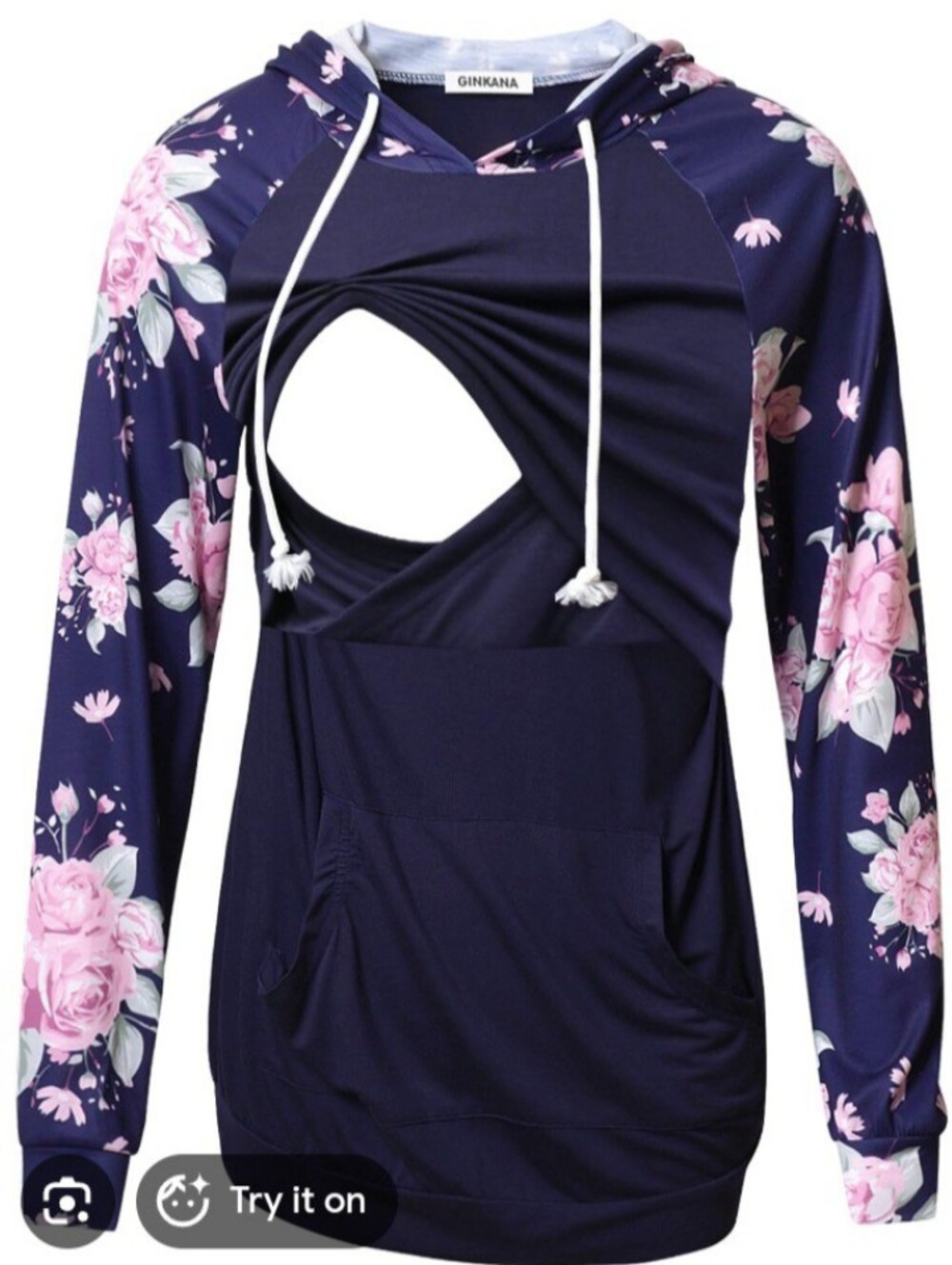 Ginkana Cotton Navy Nursing Hoodie with Pink Floral Sleeves